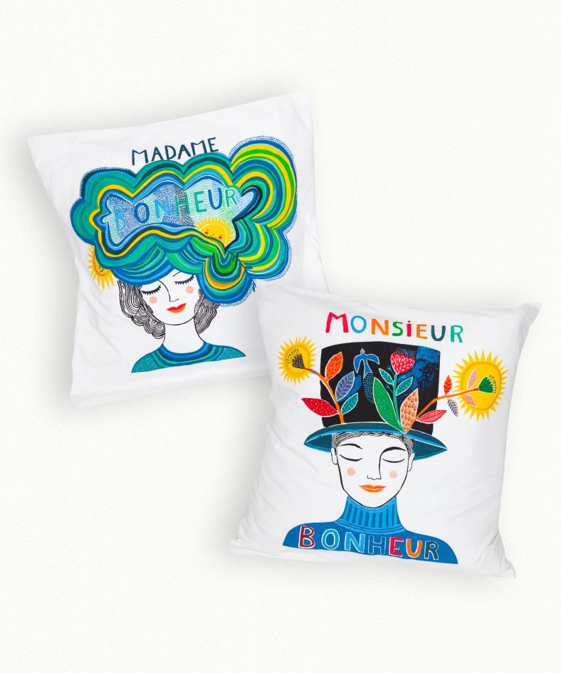 Set of 2 M et Mme Bonheur pillowcovers